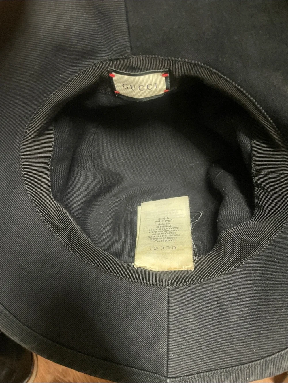 Gucci Black Bucket Hat with Red Logo Patch and White Stitching